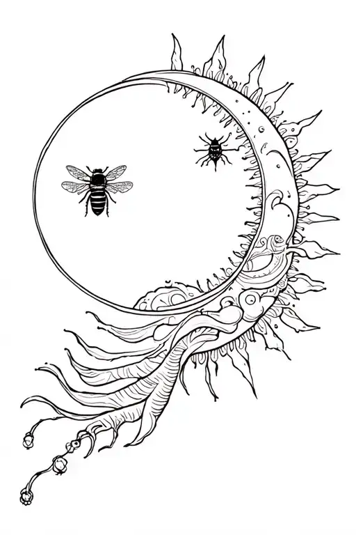 fine line tattoo with bee sun moon, semi circle for above elbow tattoo design idea