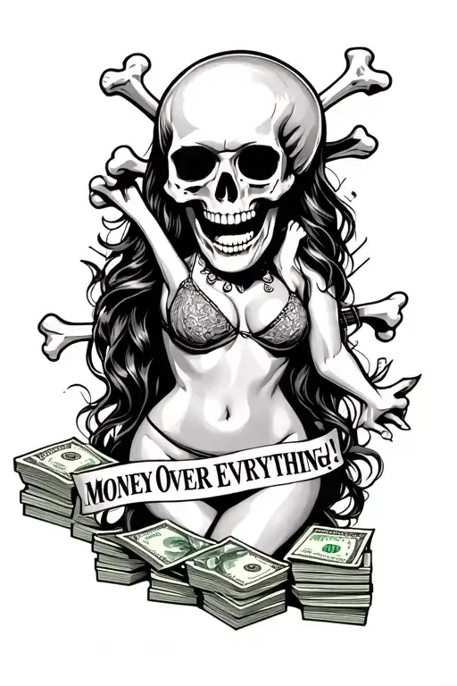skull and bones over stacks of $100's, with a sexy hoe in a sleazy sheet banner that says, "Money Over Everything!". tattoo design idea