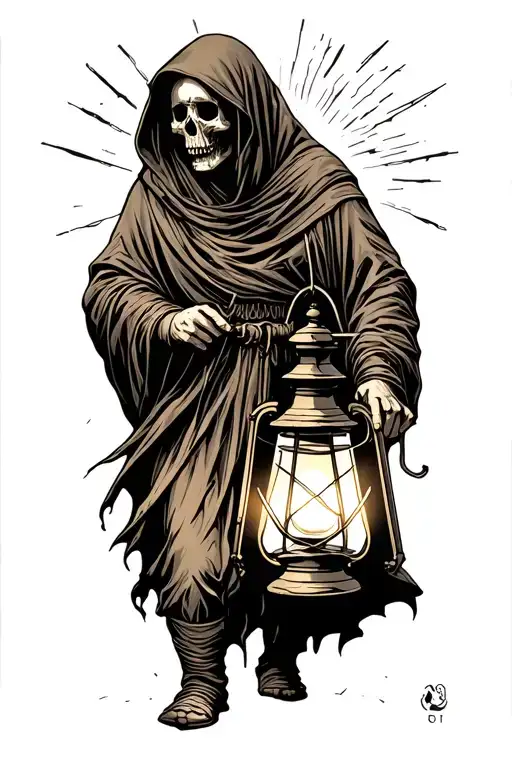 The hermit tarot walking sideways in darkness holding lantern emitting light. Skull face cloaked in hood tattoo design idea