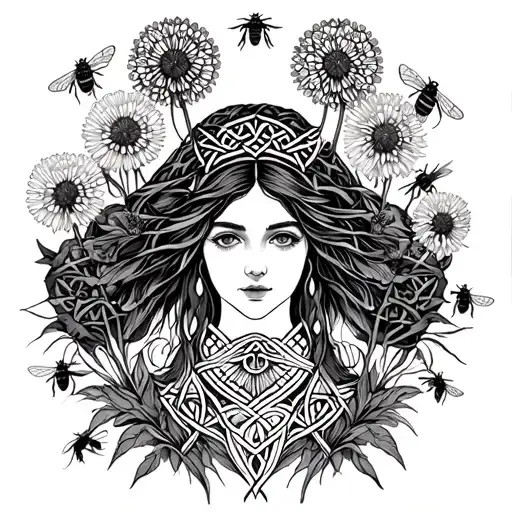 Celtic Goddess, Brigid. Surrounded by dandelions and bees tattoo design idea