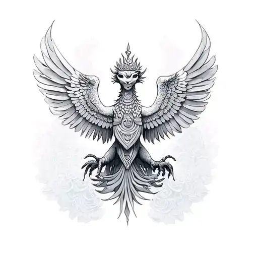 A mystical Garuda with Sanskrit mantras intertwined in its feathers tattoo design idea