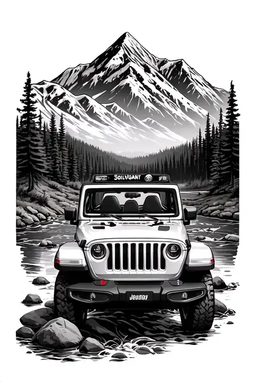 "Solivagant" "Solivagant" "Solivagant" "Solivagant" topless jeep wrangler in wilderness creek and mountains joined together tattoo design idea
