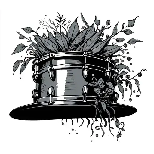 snare drum with plants bursting out of the top hat tattoo design idea