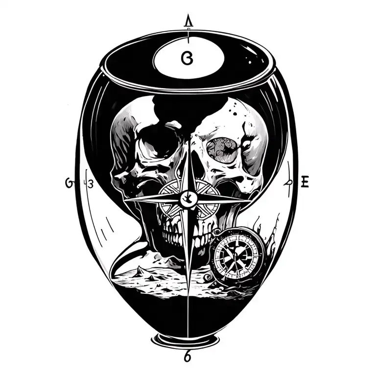 a compass trapped in a hour glass lost in a desert. on top of a skull which symbolises momento mori. the symbolism is da tattoo design idea