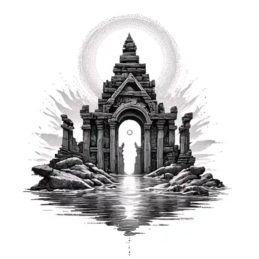 Tattoo, hooded shadow, desert, immortality cut, magic water, fine lines, elven temple ruin, mysti atmosphere tattoo design idea