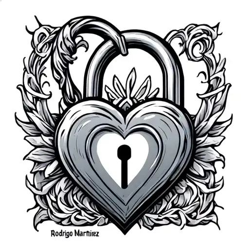 the name Rodrigo Martinez with a heart shaped lock tattoo design idea