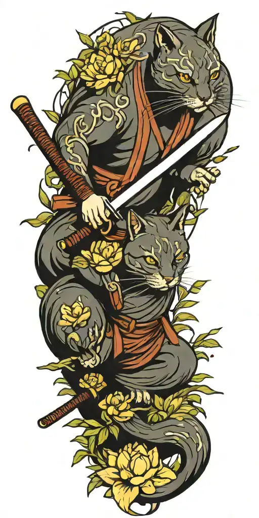 ninja cat holding katana sword, tail, water, waves, lotus, sakura, clouds, whirlpool, leaves, peony tattoo design idea