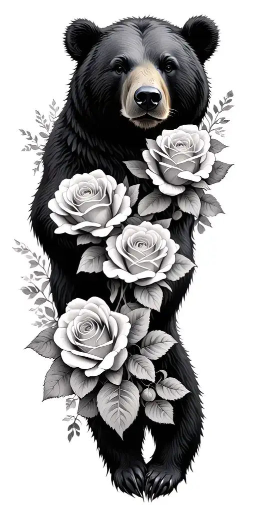 bear surrounded roses wrapped trees colors sunset tattoo design idea