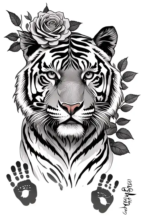 tiger with roses and hand and feet prints  tattoo design idea