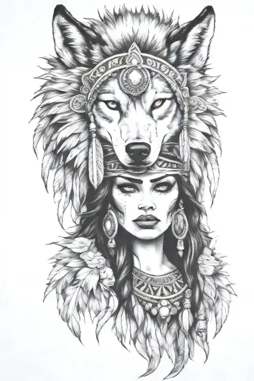 women with a agressive wolf headdress tattoo design idea