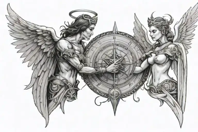 Angel warrior woman wearing a halo and devil warrior looking at each other holding a compass tattoo design idea