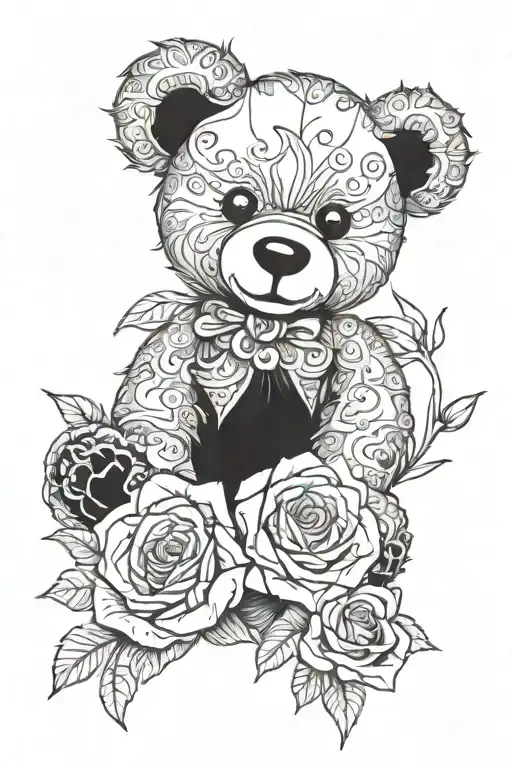 Teddy bear and rose intertwined tattoo design idea