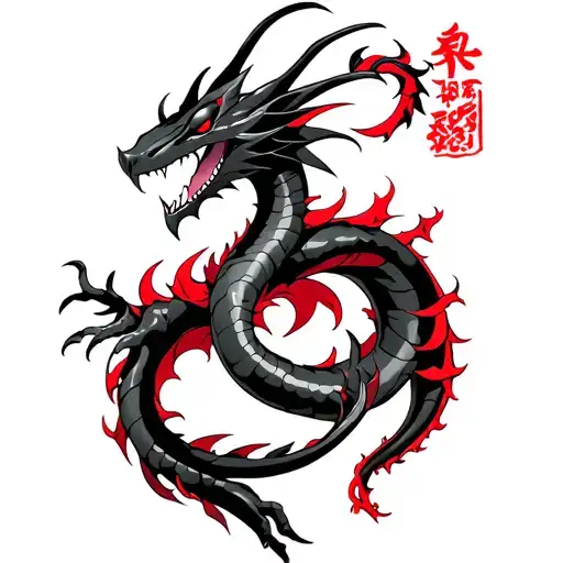 Mega Rayquaza Tattoo combined with Vietnamese culture. the Tatoo is in Full Black with Red accents and is more lowkey.  tattoo design idea