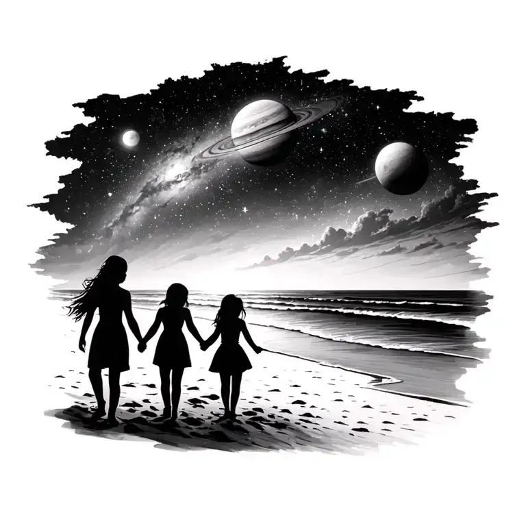 husband, wife, two daughters holding hands silhouette walking along beach with galaxy sky including planets and stars  tattoo design idea