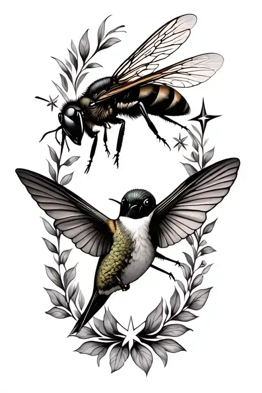 Create a realistic tattoo with a bee on the left, a hummingbird on the right, and a star in the center. With shading. tattoo design idea