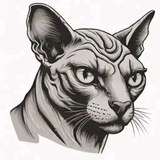 Sphinx cat, grin, fangs visible, multi-eyed, only the full-face head and the inscription meow under it tattoo design idea