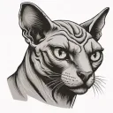 Sphinx cat, grin, fangs visible, multi-eyed, only the full-face head and the inscription meow under it tattoo design idea