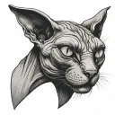 Sphinx cat, grin, fangs visible, multi-eyed, only the full-face head and the inscription meow under it tattoo design idea