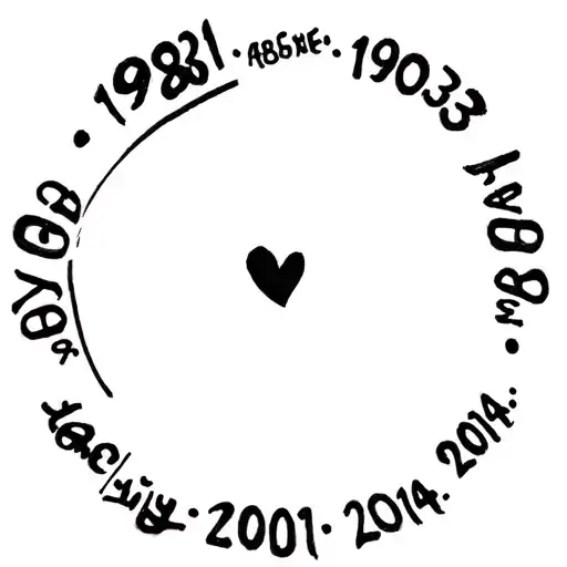 Make a tattoo design with the dates 1981, 1983, 2010, 2004 written in a circle and a small heart in the middle. tattoo design idea