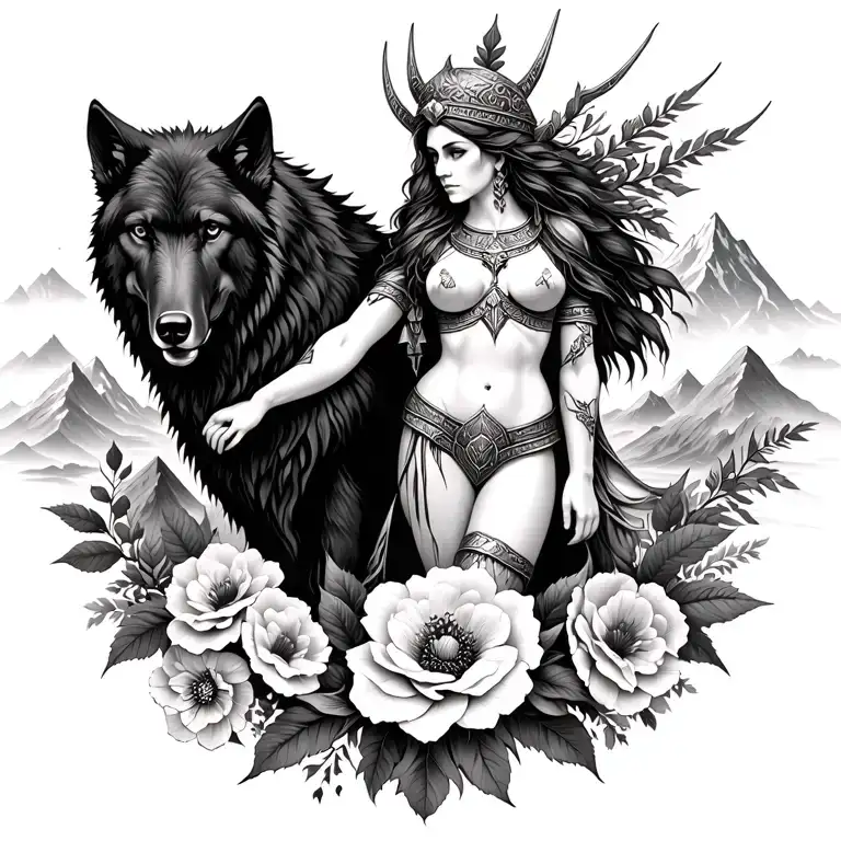 Viking Athena goddess surrounded by poeny flowers and black wolf with mountains range  tattoo design idea