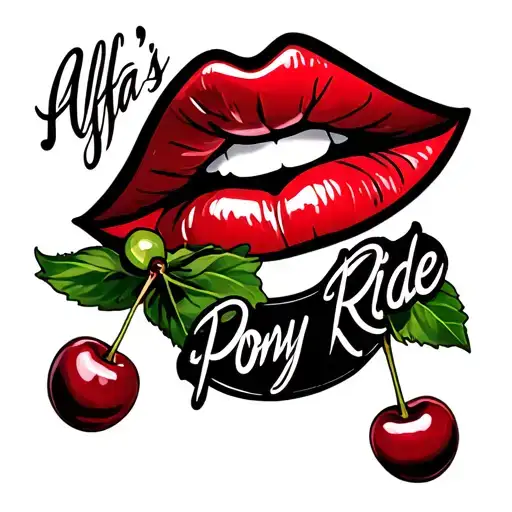 Sexy red lips symbol with cherries in the mouth with Sexy font that reads "Alfa's Pony Ride".  Design has 2 small monarc tattoo design idea