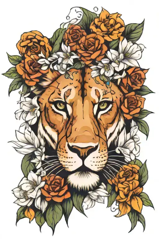 lioness face surrounded by flowers, goddess vibes, realistic fur, black and white except for green eyes  tattoo design idea