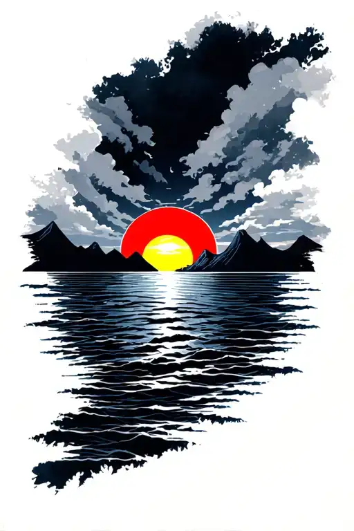 setting red and yellow sun against the dark blue ocean, and in the distance you can see mountains on the back in the style of realism tattoo design idea