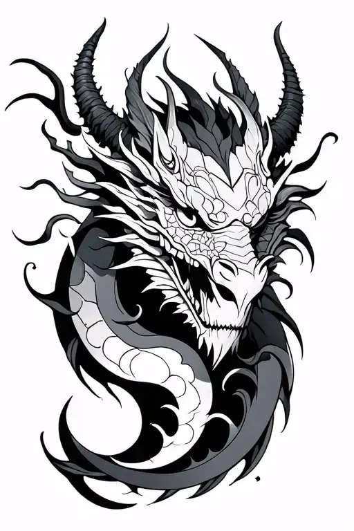 dragon, oni mask, moon phases, spiderlily tattoo design idea