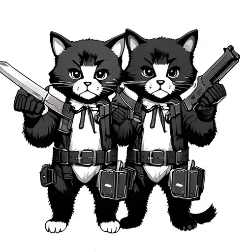 cat holding knife and bear holding gun belt and holsters side by side black and white, no color tattoo design idea