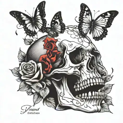 skull with red roses and small butterflies witht he quote i am free  tattoo design idea