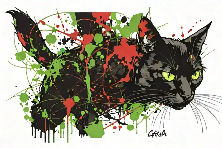 Black cat, green eyes, grave tattoo design idea