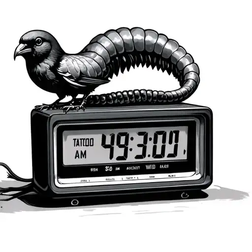 worm choking a bird on top of a 90's style digital alarm clock set a 5:30 am tattoo design idea