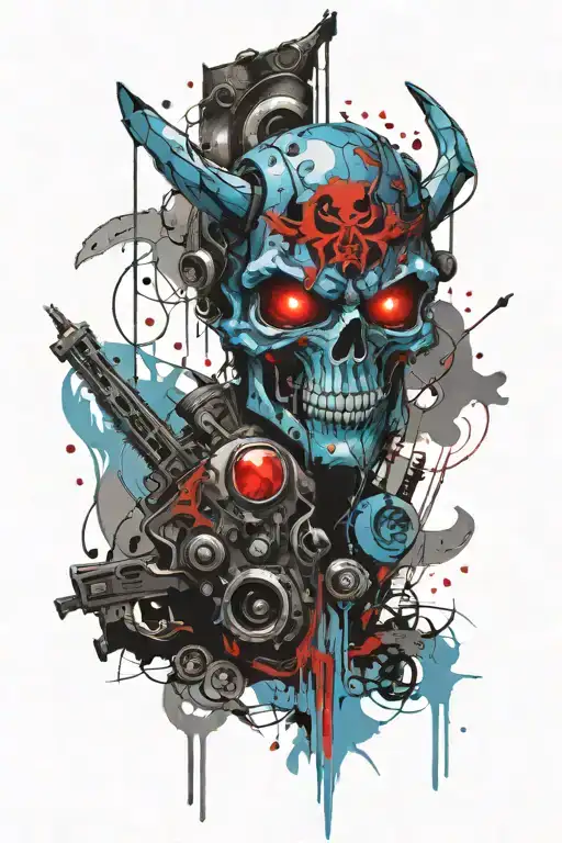 a weapon soul chain weapon light blue alone and angry devil eyes twisted with different spectrum of worlds and universe  tattoo design idea