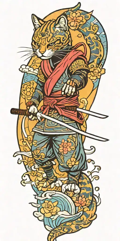 ninja cat holding katana, tail, water, waves, lotus, sakura, clouds, whirlpool, leaves, peony, sun waterfall tattoo design idea