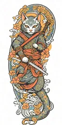 ninja cat holding katana, tail, water, waves, lotus, sakura, clouds, whirlpool, leaves, peony, sun waterfall tattoo design idea