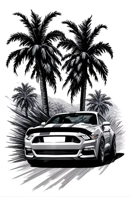 Ford Mustang driving down the road palms and dollars tattoo design idea