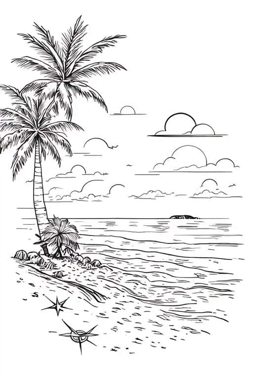 a compass in left side and sunset on beach with palme trees  tattoo design idea