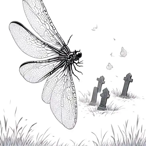 a mirage inside of a dragonfly wing, with 2 tombstones in a grass field inside the mirage tattoo design idea