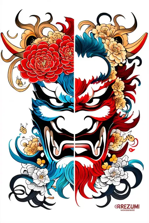 Oni Mask split in half tattoo design idea
