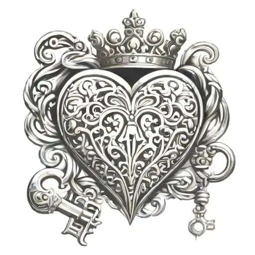 heart shape lock with key and a crown with diamonds tattoo design idea