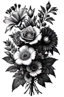 hawthorn flower, rose flower, gladiolus flower and aster flower bouquet tattoo design idea
