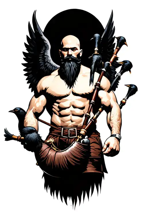  bald black beard shirtless large bagpipes black wings on back crows dark brown tattoo design idea