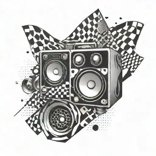 An abstract geometric pattern incorporating elements of a racing flag and subwoofer speakers tattoo design idea