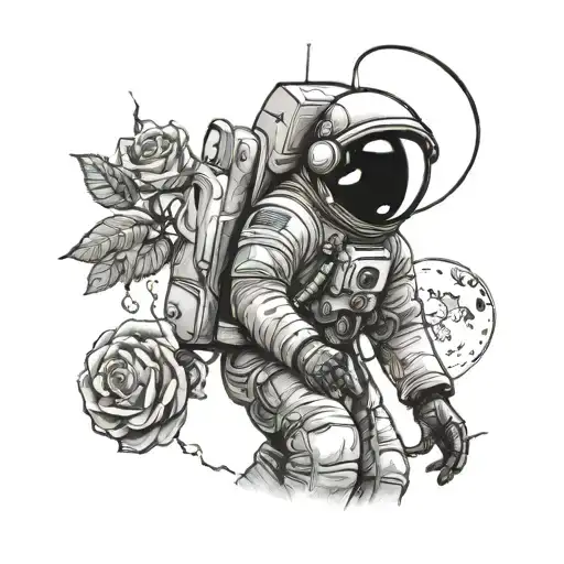 astronaut on moon with rose tattoo design idea