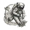 astronaut on moon with rose tattoo design idea