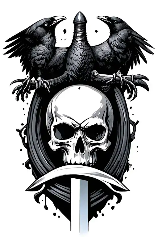skull and crow and sword  tattoo design idea