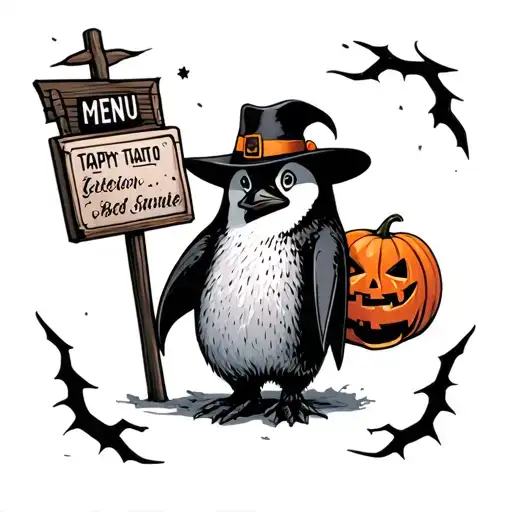 spooky penguin with hat and menu sign tattoo design idea