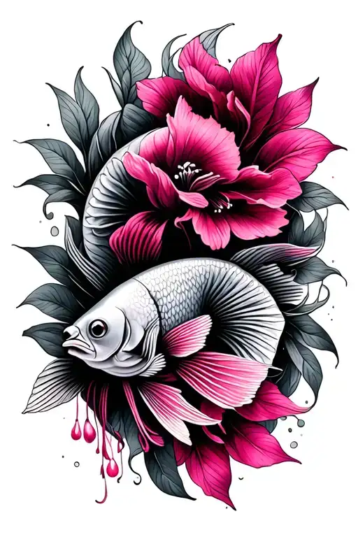 fuchsia and fish tattoo design idea