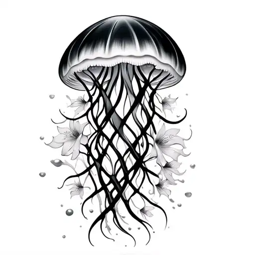 jelly fish with accents of japanese spider lilies intertwined tattoo design idea