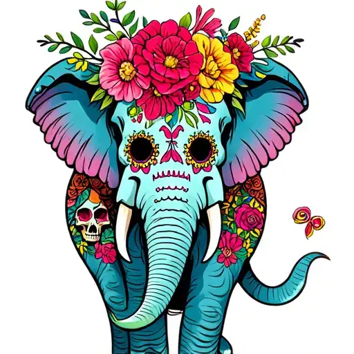 day of the dead elephant with flowers and skulls tattoo design idea